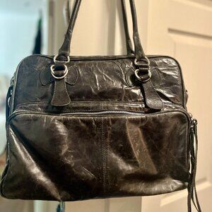 Vintage Latico Black Distressed Leather Laptop Bag with fringe details